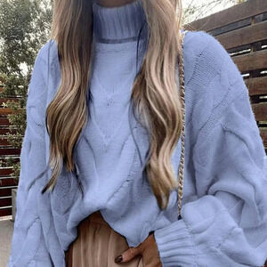 Blue Casual Women's High Collar Sweater